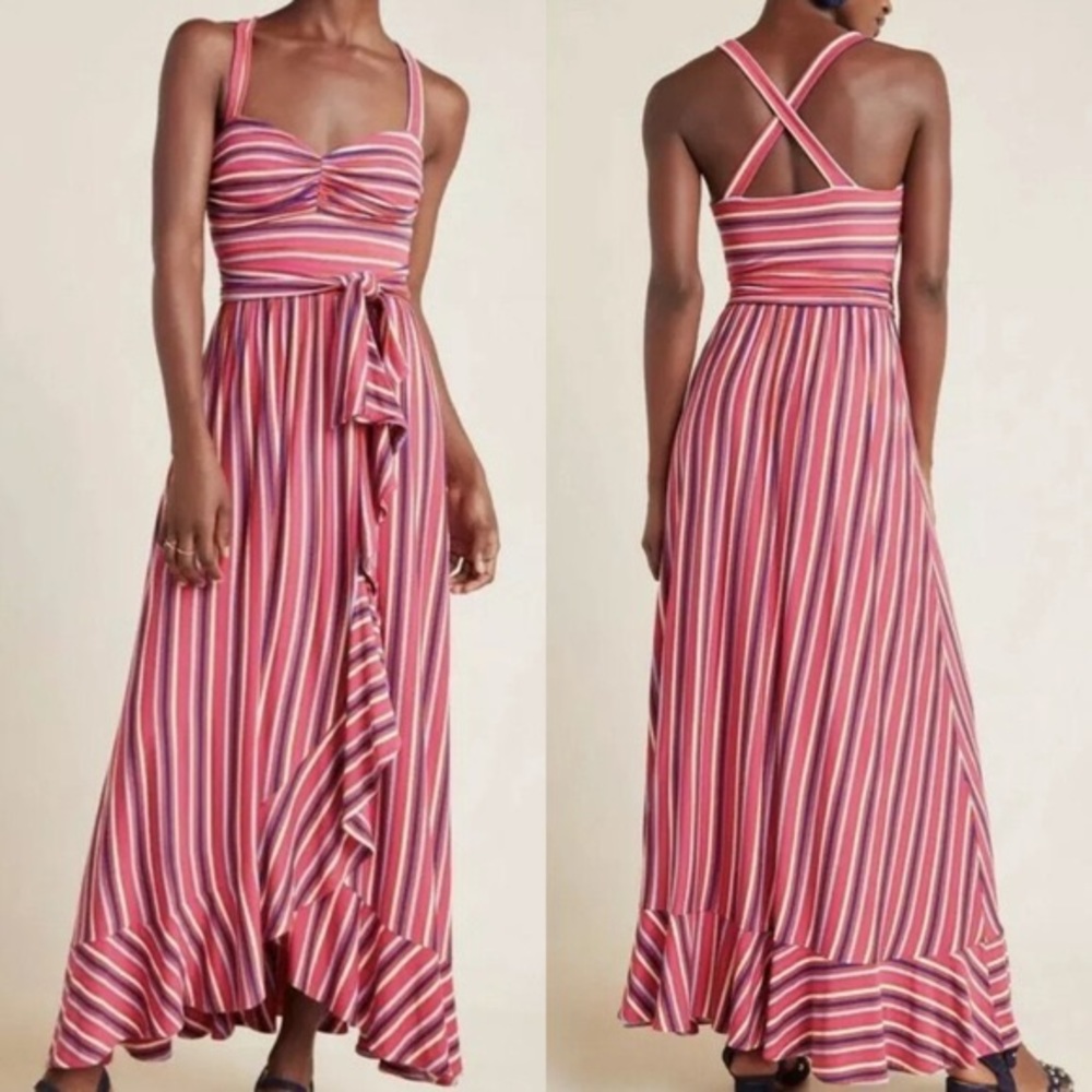 Maeve Gabriella Ruffle Maxi Dress Striped Pink LP